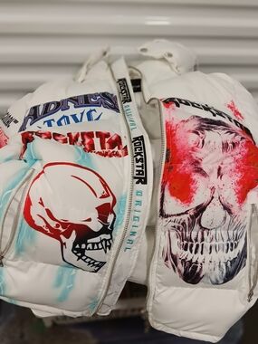 Rockstar Original White Graphic Skull Puffer Jacket
